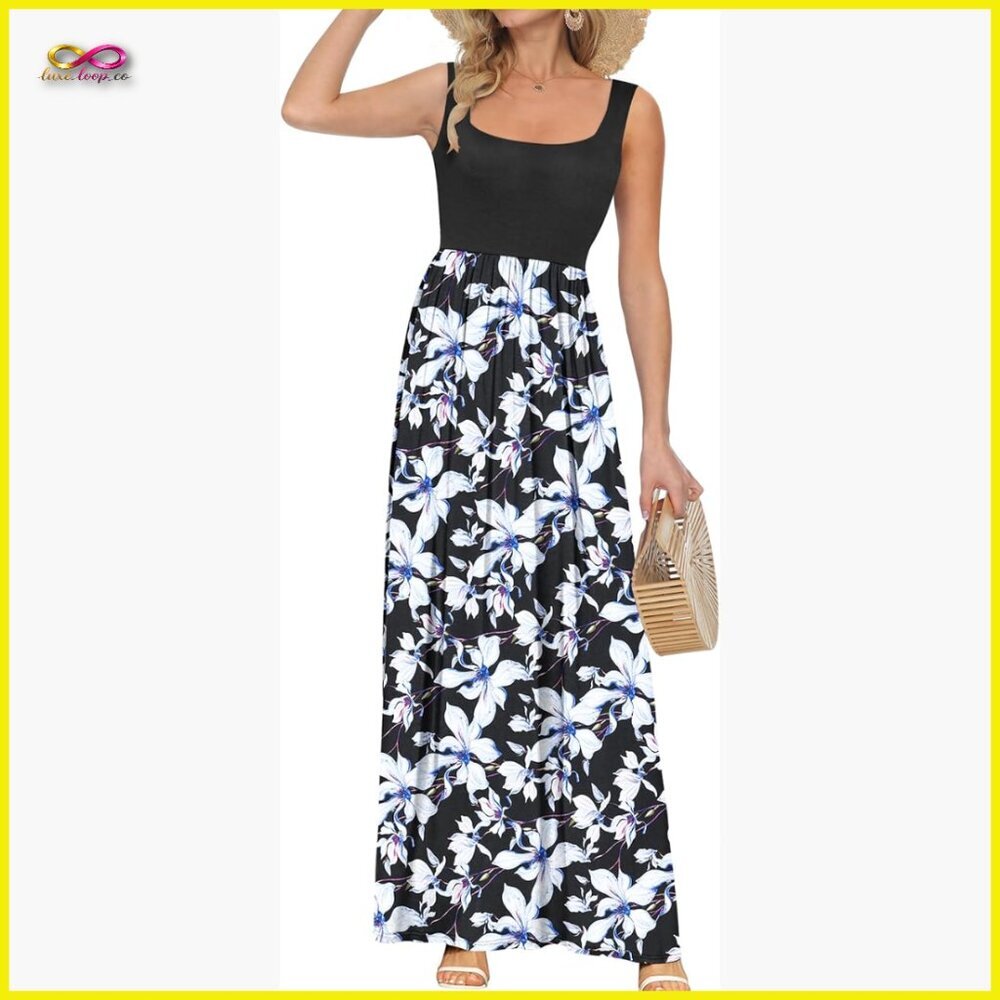 Square Neck Maxi Dress Sleeveless Floral Loose Long with Pockets
